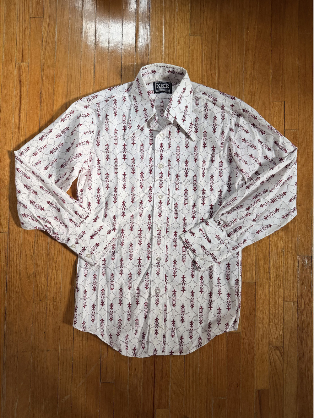 Vintage XKE Button Down Shirt White with Red Pattern | Men's Size Small